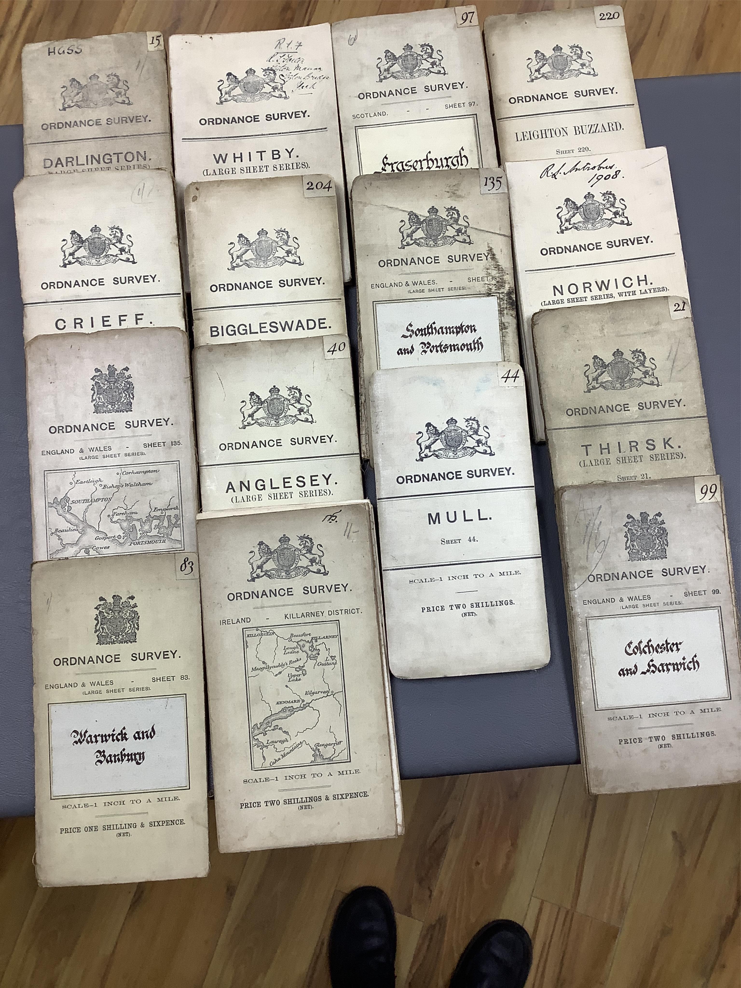 Forty-four early Ordnance Survey maps on cloth backing, 1 inch to a mile. Condition - fair.